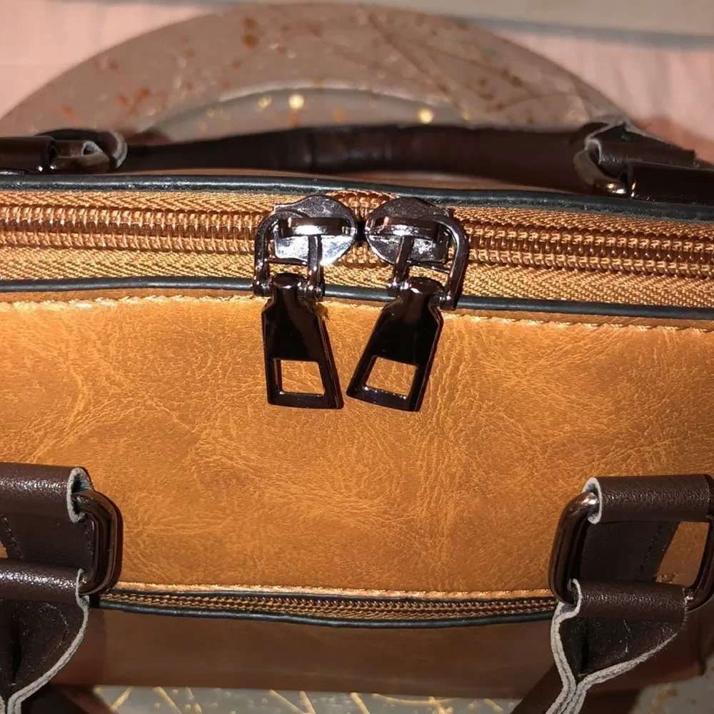Faux Leather Satchel in Caramel Brown Combo with detailed zippers